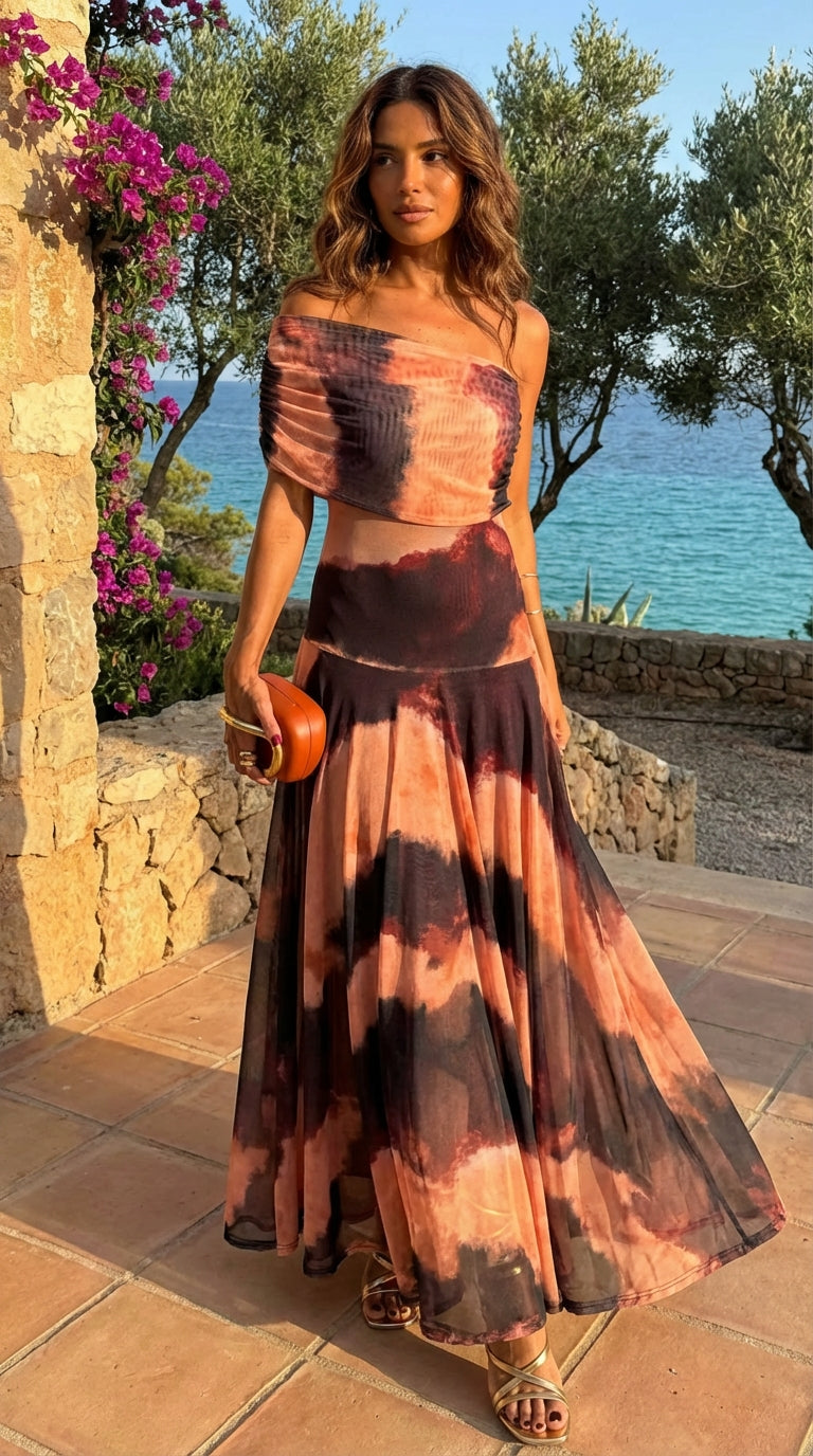 Vestido LUCÍA con Estampado Naranja y Marrón