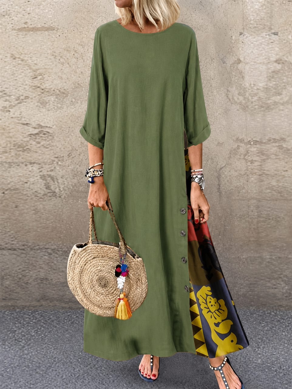 Vestido SANDRA de algodón bohemio, elegante, con botones decorativos, cómodo y fresco.
