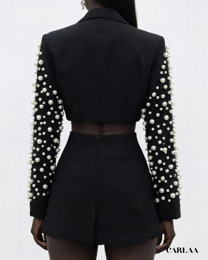 Conjunto Ziria tendencia 2026, dos piezas de perlas empalmadas para mujer, solapa, manga larga, top Irregular, minifalda de cintura alta, traje para mujer, nuevo