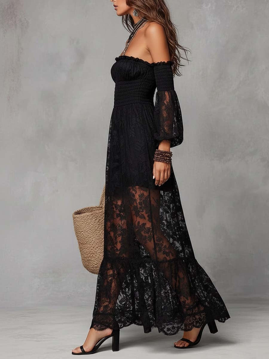 Vestido Franchesca largo negro de encaje con fruncido y hombros descubiertos