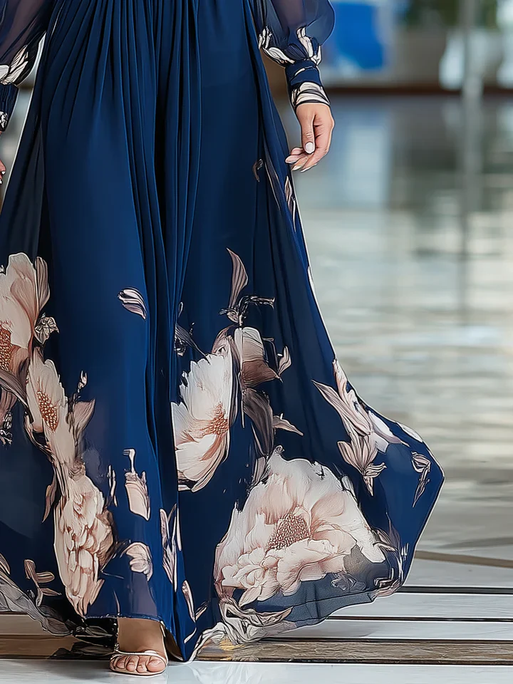 Vestido ESENCIA PURA, escote en V, manga larga, estampado floral.