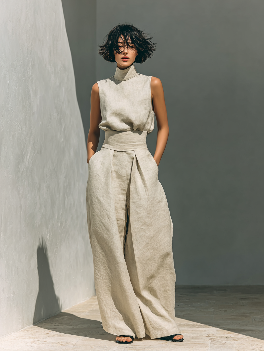 DANELA™ | Conjunto completo con camiseta de tirantes y pantalón de pierna ancha en algodón y lino.