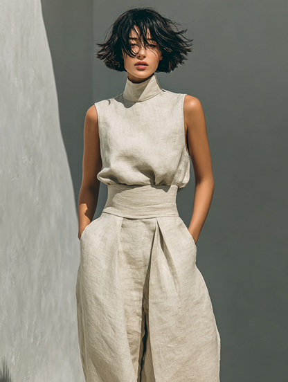 DANELA™ | Conjunto completo con camiseta de tirantes y pantalón de pierna ancha en algodón y lino.