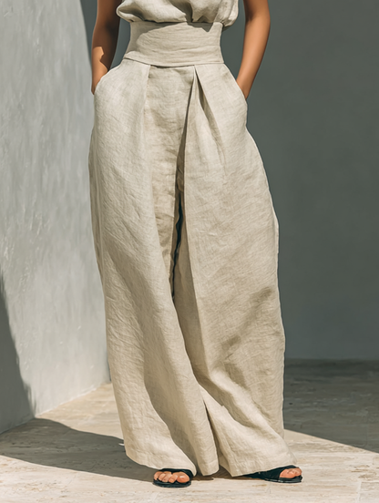 DANELA™ | Conjunto completo con camiseta de tirantes y pantalón de pierna ancha en algodón y lino.