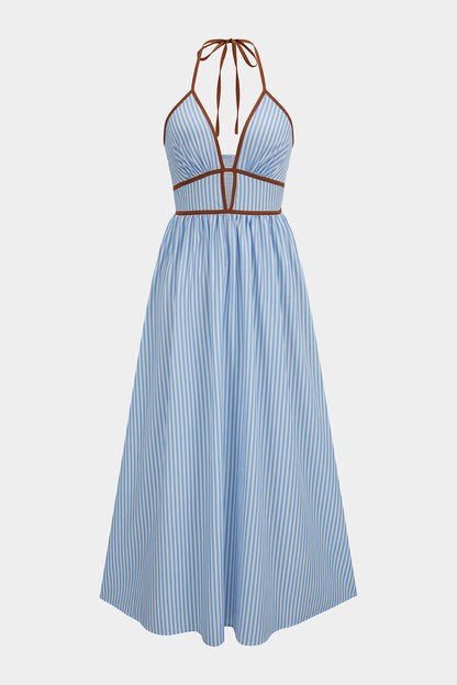 Vestido GREGOR largo sin mangas con cuello halter y escote en V, con estampado de rayas en contraste