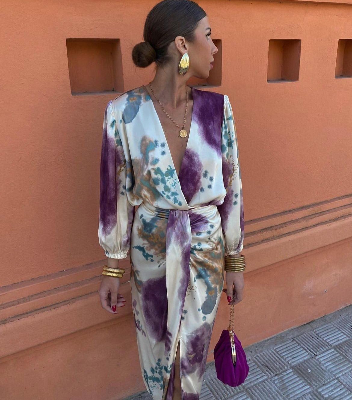 Vestido mujer FRANCHESCA elegante escote V – vestido midi fluido con cinturón