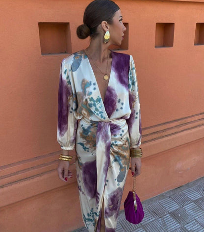 Vestido mujer FRANCHESCA elegante escote V – vestido midi fluido con cinturón