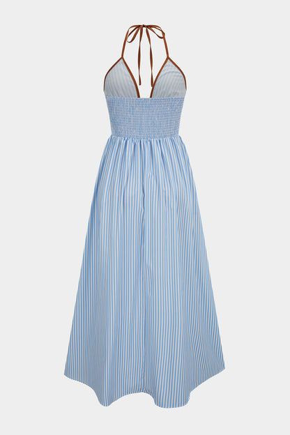 Vestido GREGOR largo sin mangas con cuello halter y escote en V, con estampado de rayas en contraste