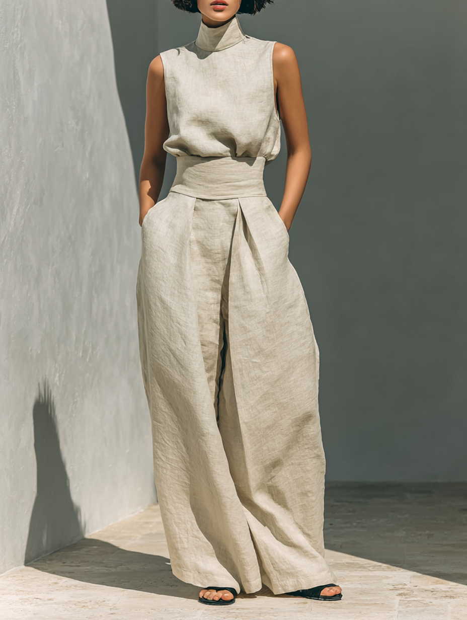 DANELA™ | Conjunto completo con camiseta de tirantes y pantalón de pierna ancha en algodón y lino.