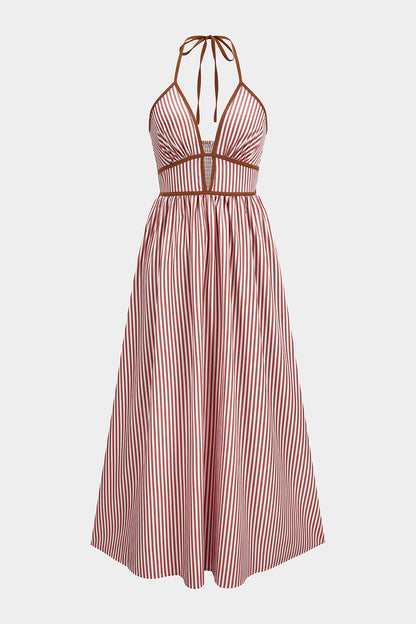 Vestido GREGOR largo sin mangas con cuello halter y escote en V, con estampado de rayas en contraste