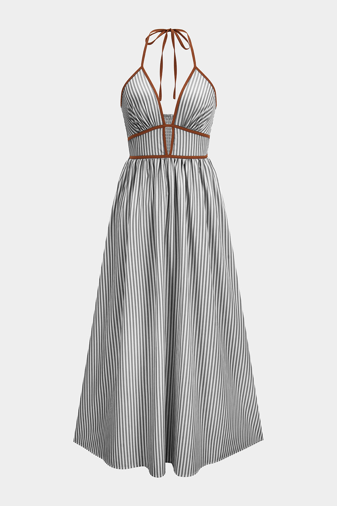 Vestido GREGOR largo sin mangas con cuello halter y escote en V, con estampado de rayas en contraste