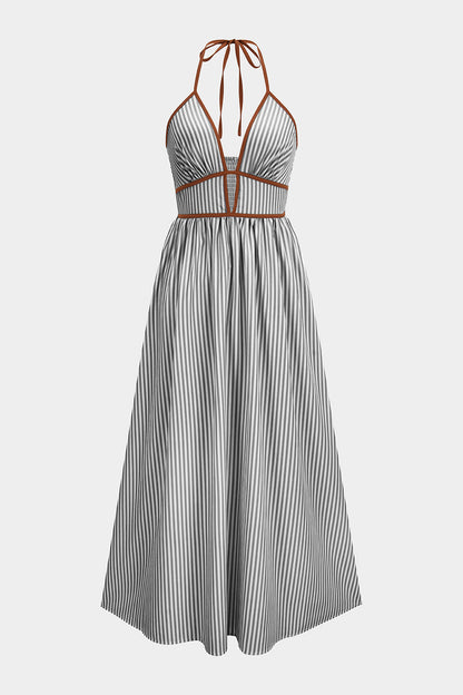 Vestido GREGOR largo sin mangas con cuello halter y escote en V, con estampado de rayas en contraste