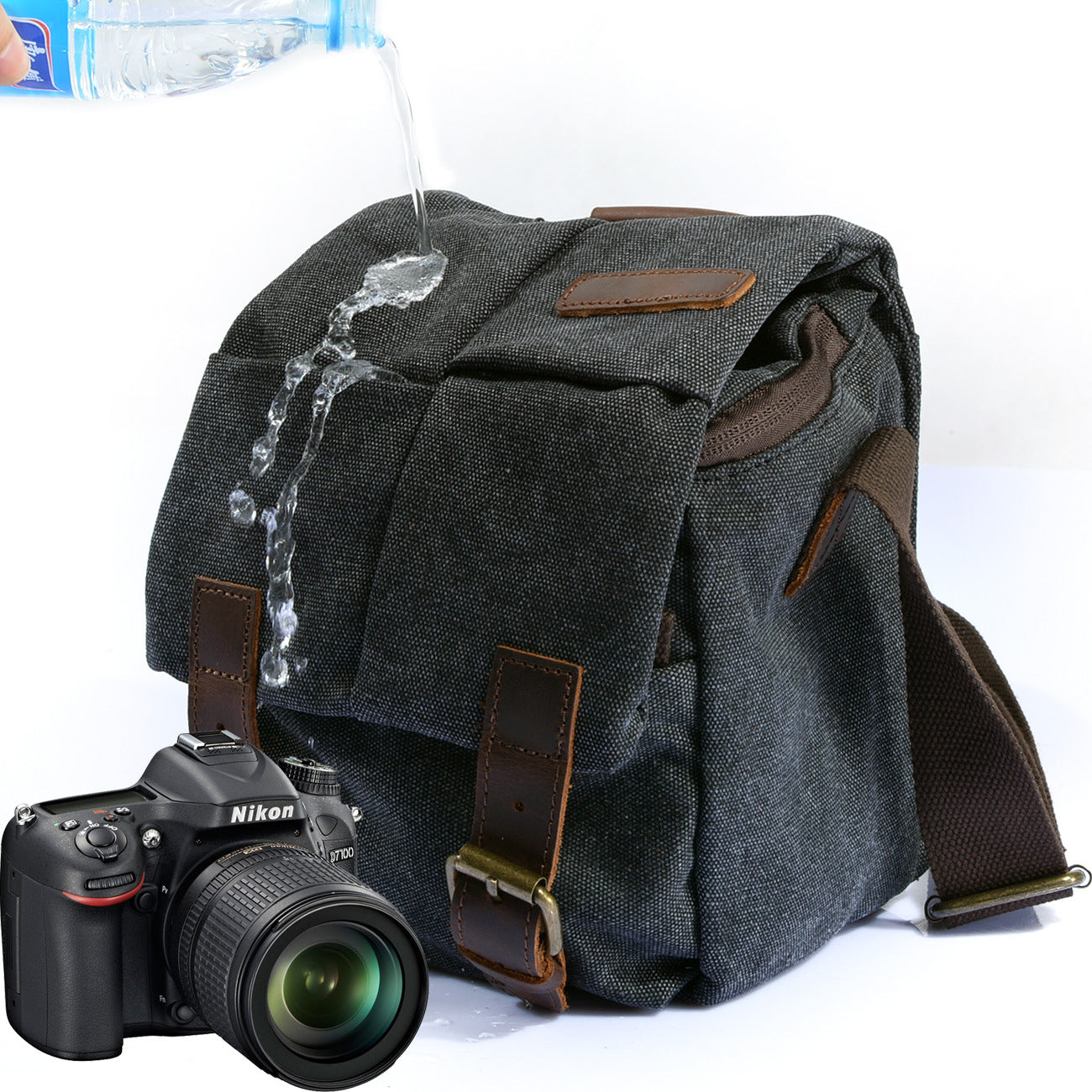 Bolso BALI para cámara de lona y cuero vintage impermeable.