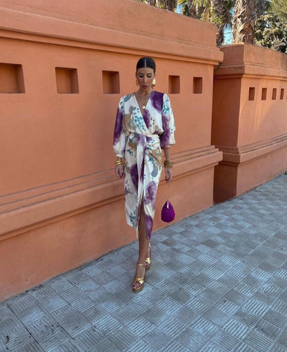 Vestido mujer FRANCHESCA elegante escote V – vestido midi fluido con cinturón