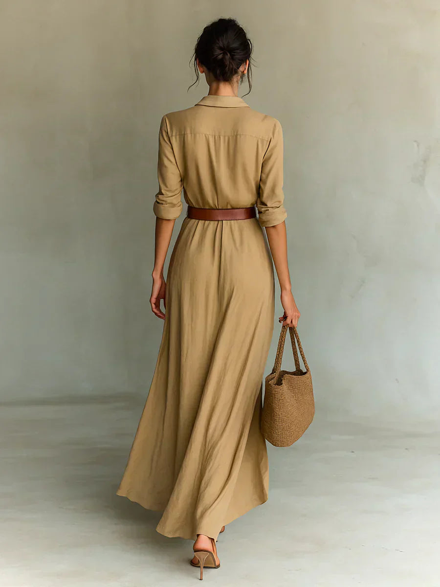 CARMELA™ | Vestido largo con solapas y cinturón en la cintura.