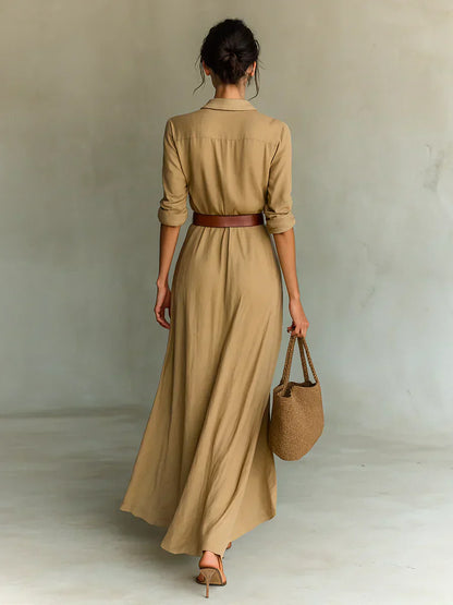 CARMELA™ | Vestido largo con solapas y cinturón en la cintura.