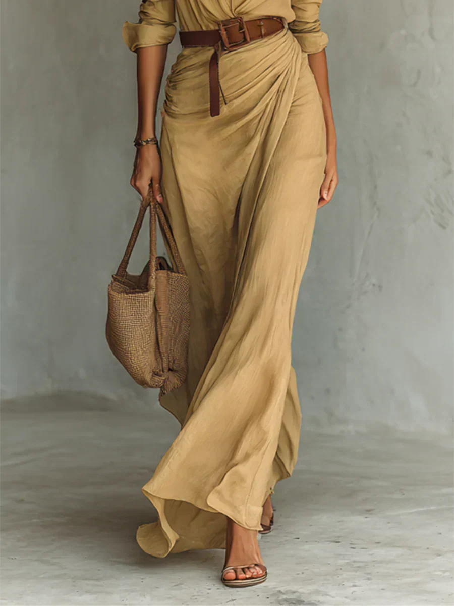 CARMELA™ | Vestido largo con solapas y cinturón en la cintura.