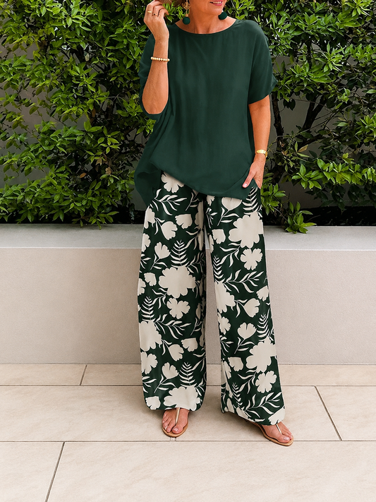 Conjunto SILVIA, remera elástica y pantalón de algodón elástico con estampado floral. 🎁🎁CHAL DE REGALO🎁🎁!