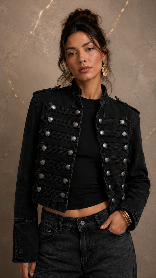 Chaqueta SOLANA estilo militar de denim, mezclilla.
