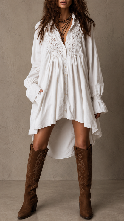 Minivestido MILAGROS de manga larga con encaje y bajo irregular de estilo retro