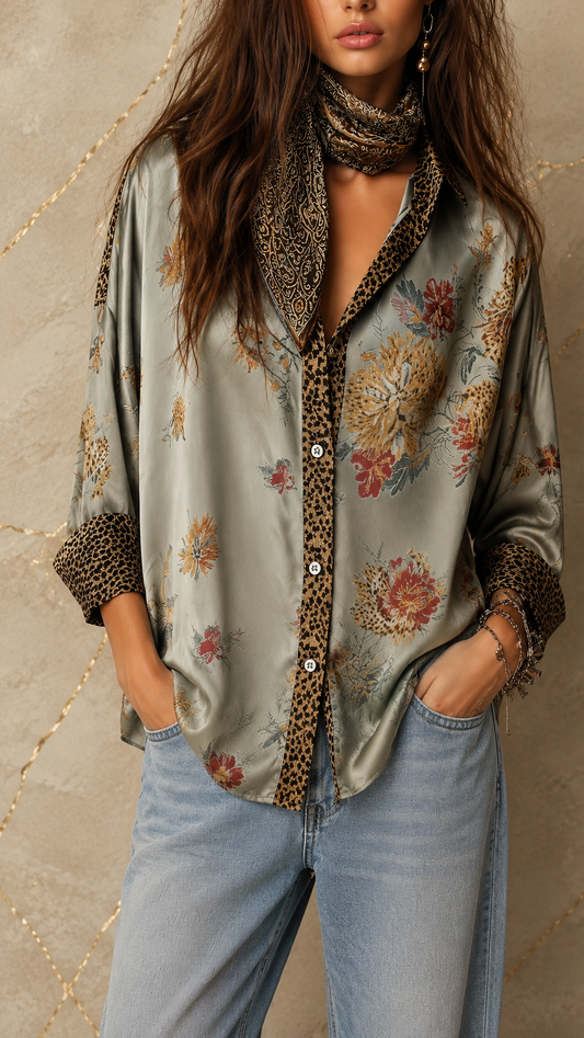 Camisa CÓRDOBA de satén con estampado floral y botones, con ribete de leopardo.