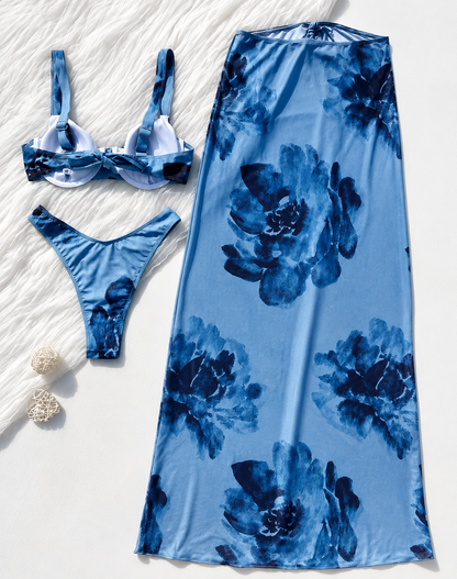 Conjunto de Bikini de tres piezas AMANDA con estampado, con Push-Up, falda para la playa.