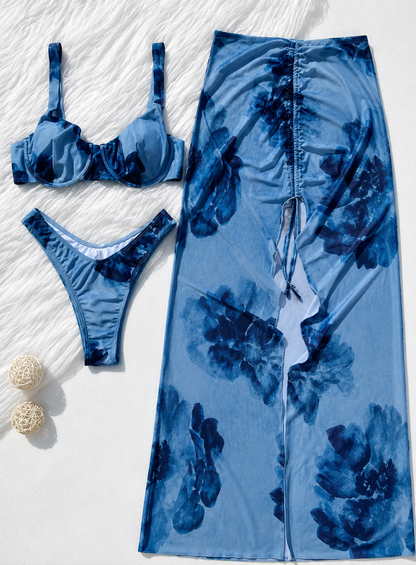 Conjunto de Bikini de tres piezas AMANDA con estampado, con Push-Up, falda para la playa.
