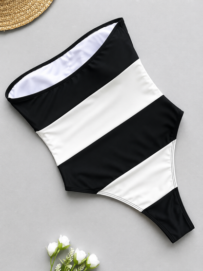 Traje de baño MONACO de 1 pieza a rayas, blanco y negro.