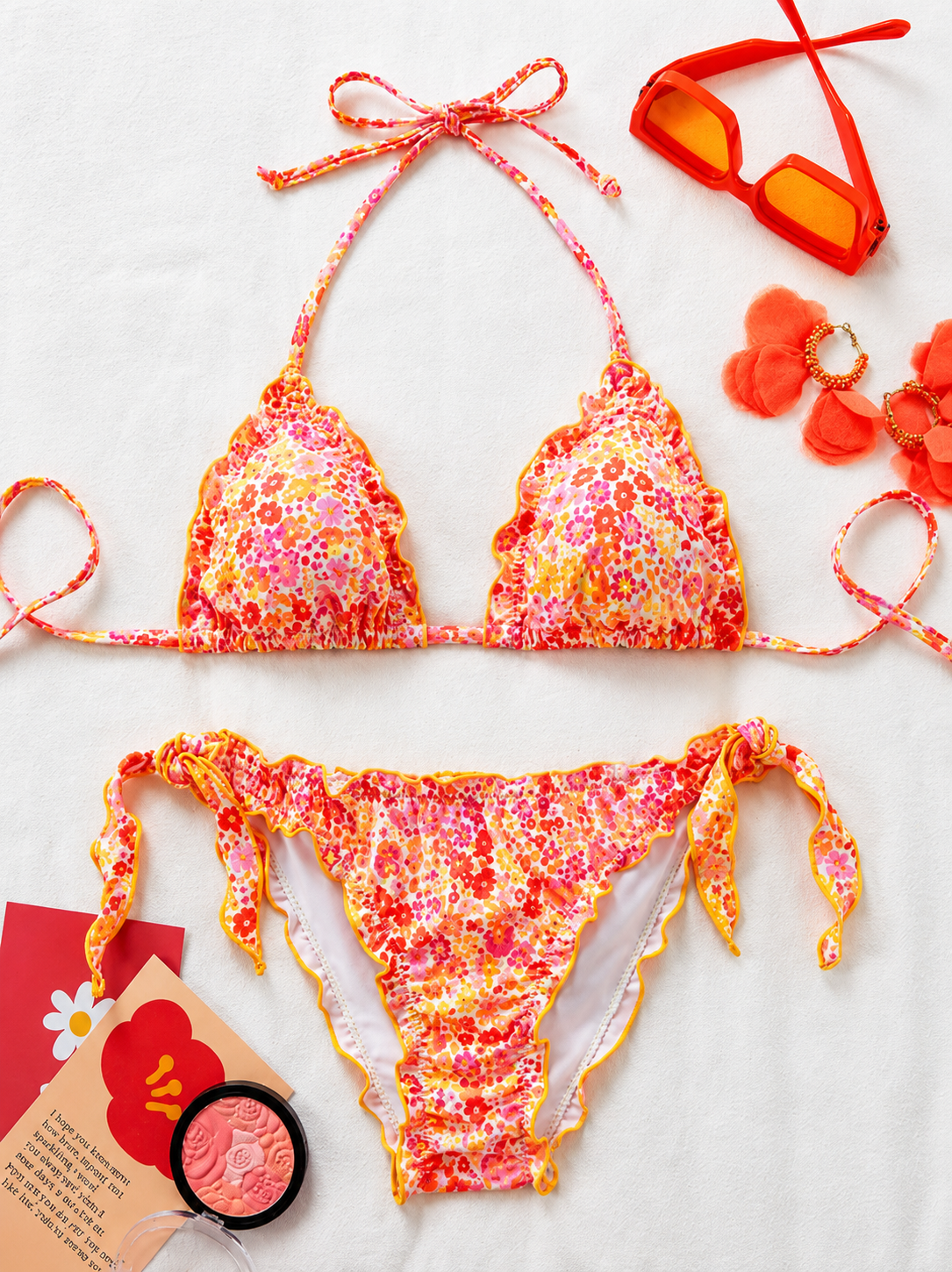 Conjunto de Bikini ZELIRA, diseño floral, estilo halter con volantes, push-Up.