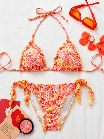 Conjunto de Bikini ZELIRA, diseño floral, estilo halter con volantes, push-Up.
