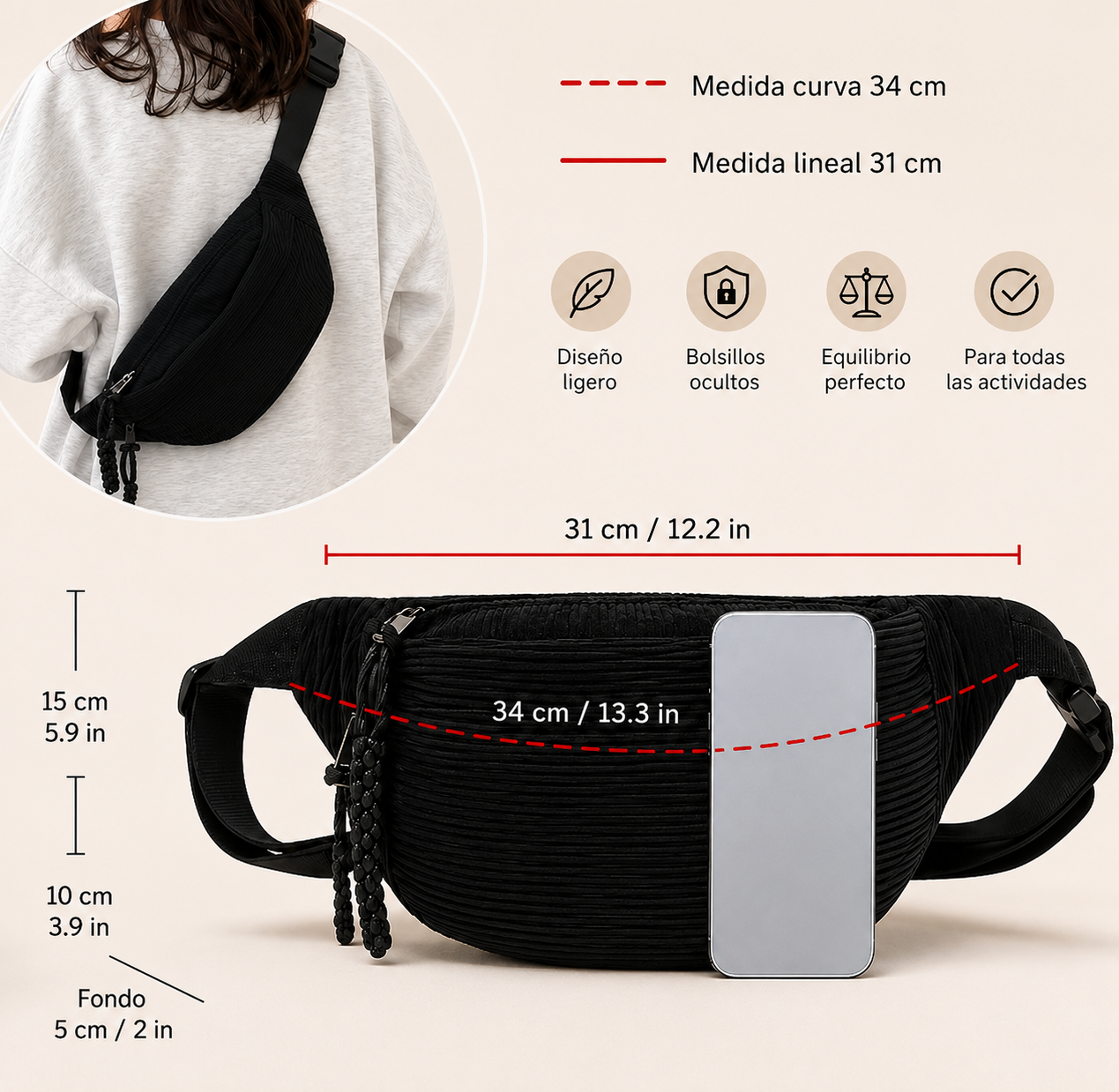 Ida |Bolso de hombro de pana Negro