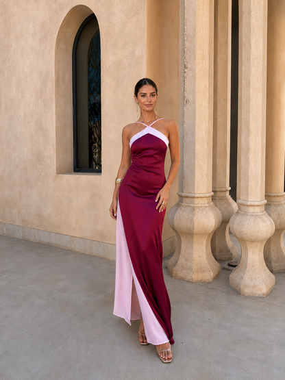 Vestido ROMINA, Largo Satinado con Escote Cruzado