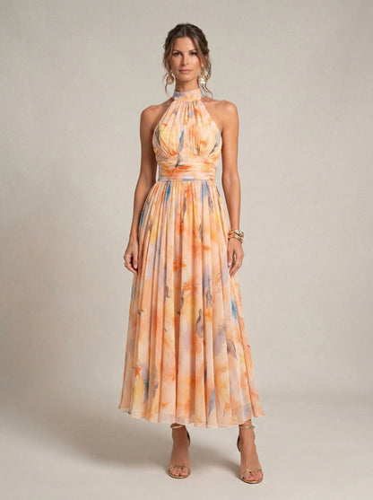 Vestido LIRIO de Cuello Halter con Estampado de Acuarela