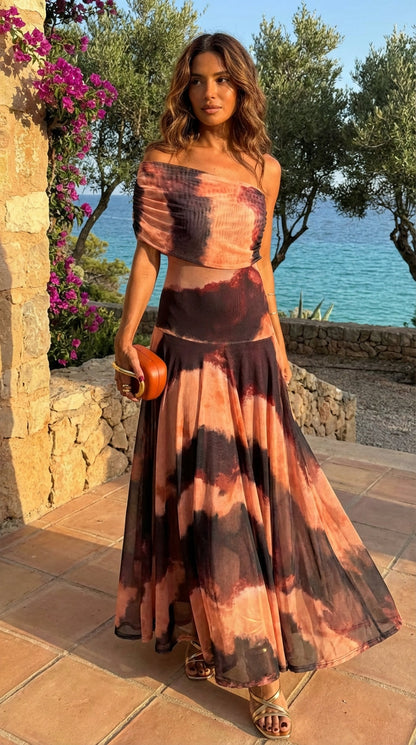 Vestido LUCÍA con Estampado Naranja y Marrón