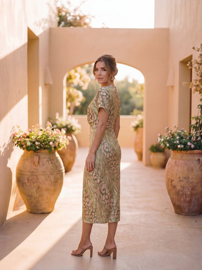 Vestido CLARA midi efecto estilizador con nudo central y caída fluida