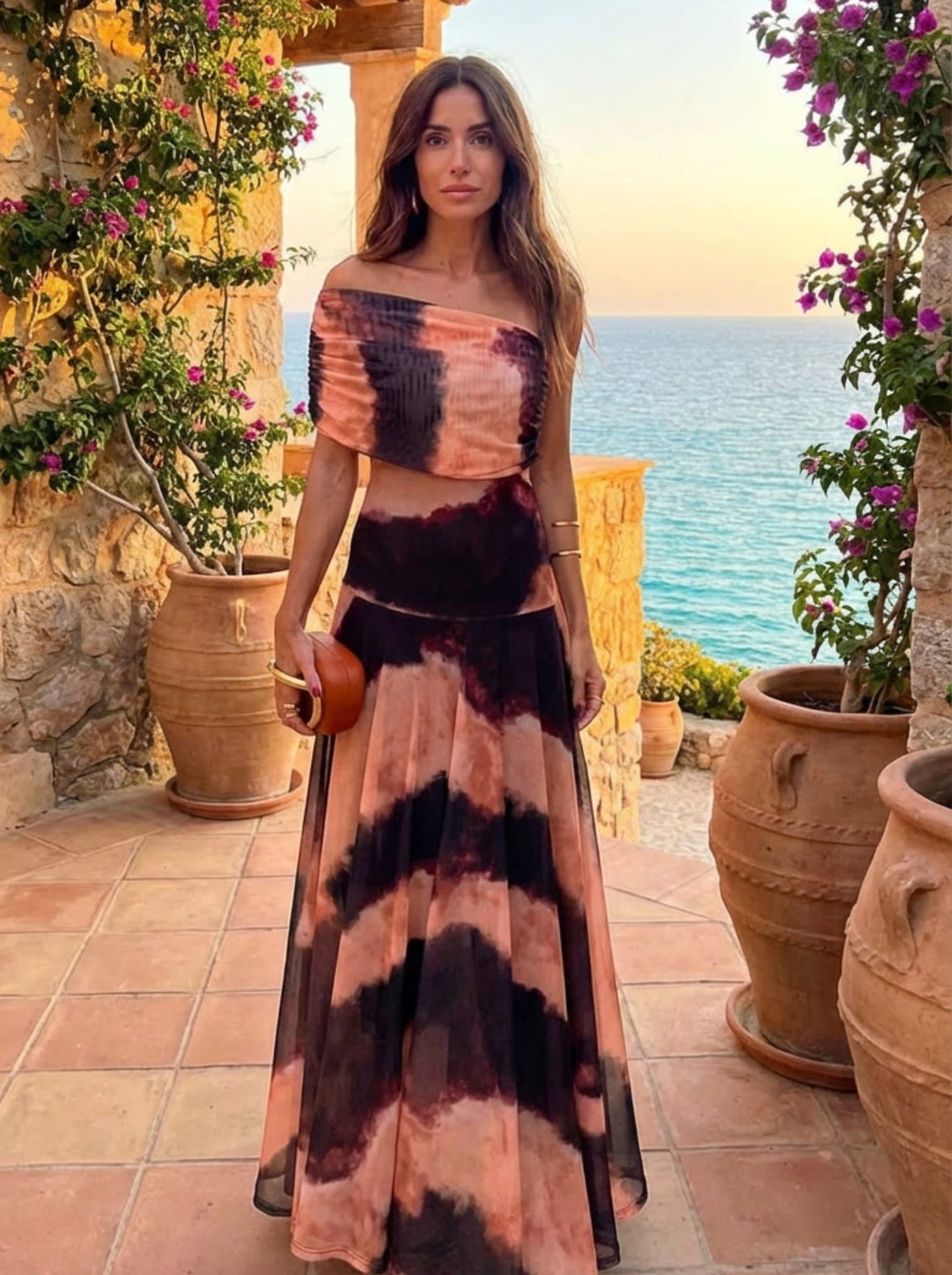 Vestido LUCÍA con Estampado Naranja y Marrón