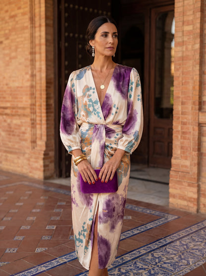 Vestido mujer FRANCHESCA elegante escote V – vestido midi fluido con cinturón