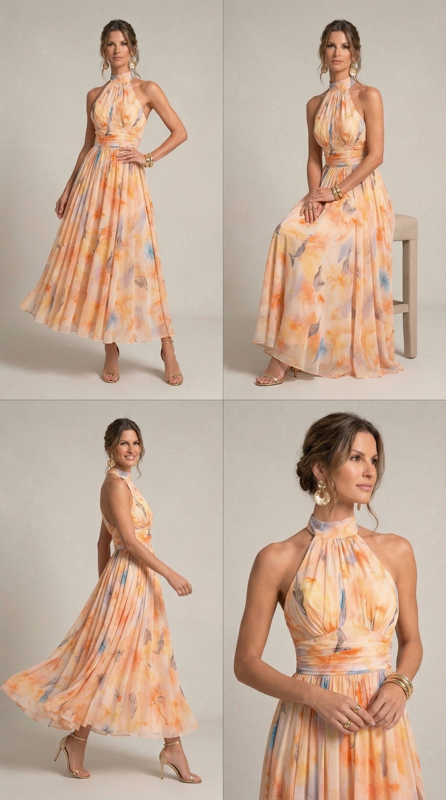 Vestido LIRIO de Cuello Halter con Estampado de Acuarela