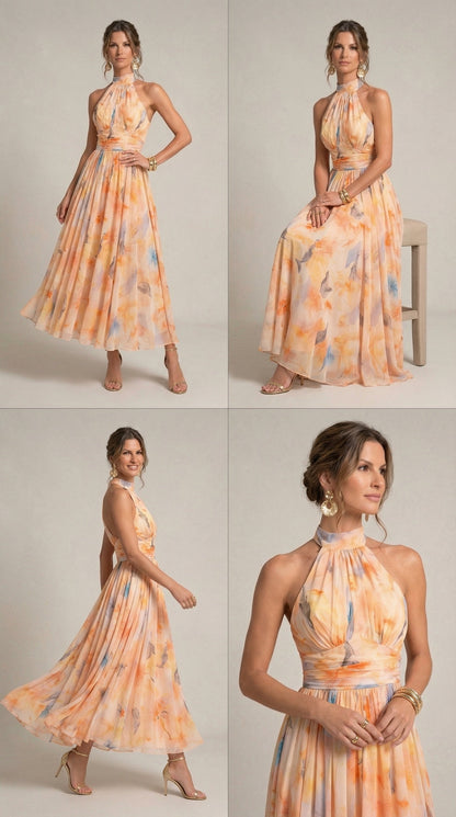Vestido LIRIO de Cuello Halter con Estampado de Acuarela