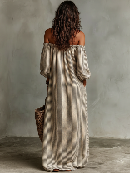 CAROLA | Vestido largo de algodón y lino con diseño de hombros descubiertos