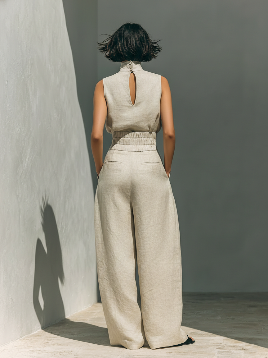 DANELA™ | Conjunto completo con camiseta de tirantes y pantalón de pierna ancha en algodón y lino.