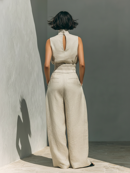 DANELA™ | Conjunto completo con camiseta de tirantes y pantalón de pierna ancha en algodón y lino.