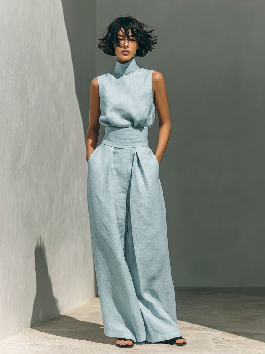 DANELA™ | Conjunto completo con camiseta de tirantes y pantalón de pierna ancha en algodón y lino.