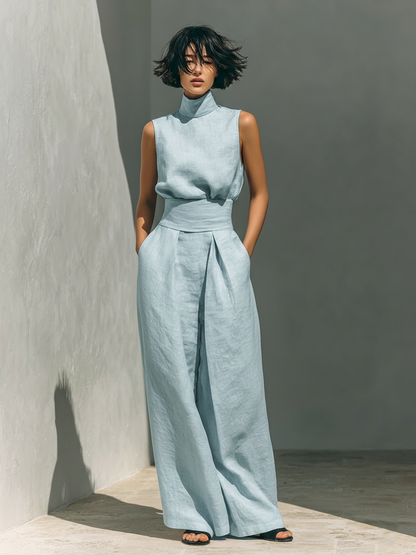 DANELA™ | Conjunto completo con camiseta de tirantes y pantalón de pierna ancha en algodón y lino.