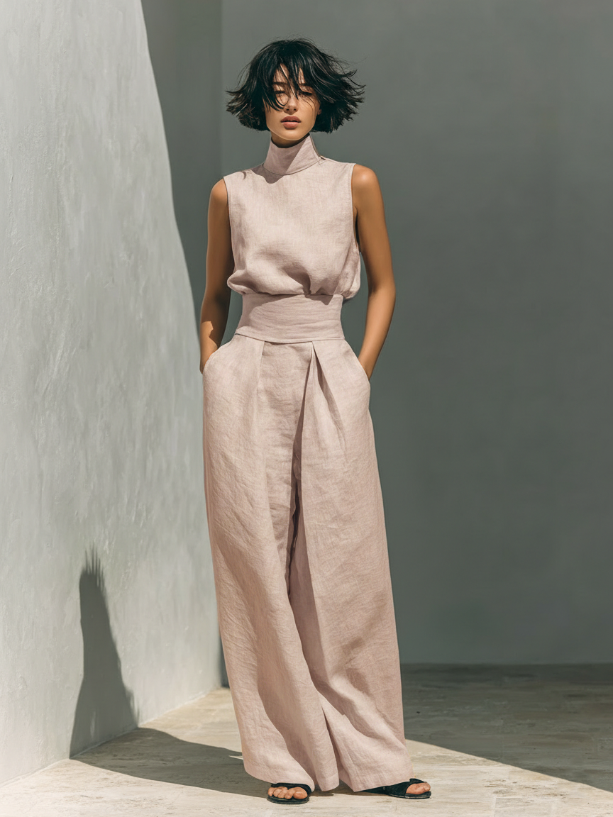DANELA™ | Conjunto completo con camiseta de tirantes y pantalón de pierna ancha en algodón y lino.