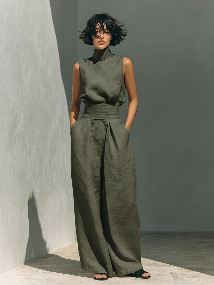DANELA™ | Conjunto completo con camiseta de tirantes y pantalón de pierna ancha en algodón y lino.
