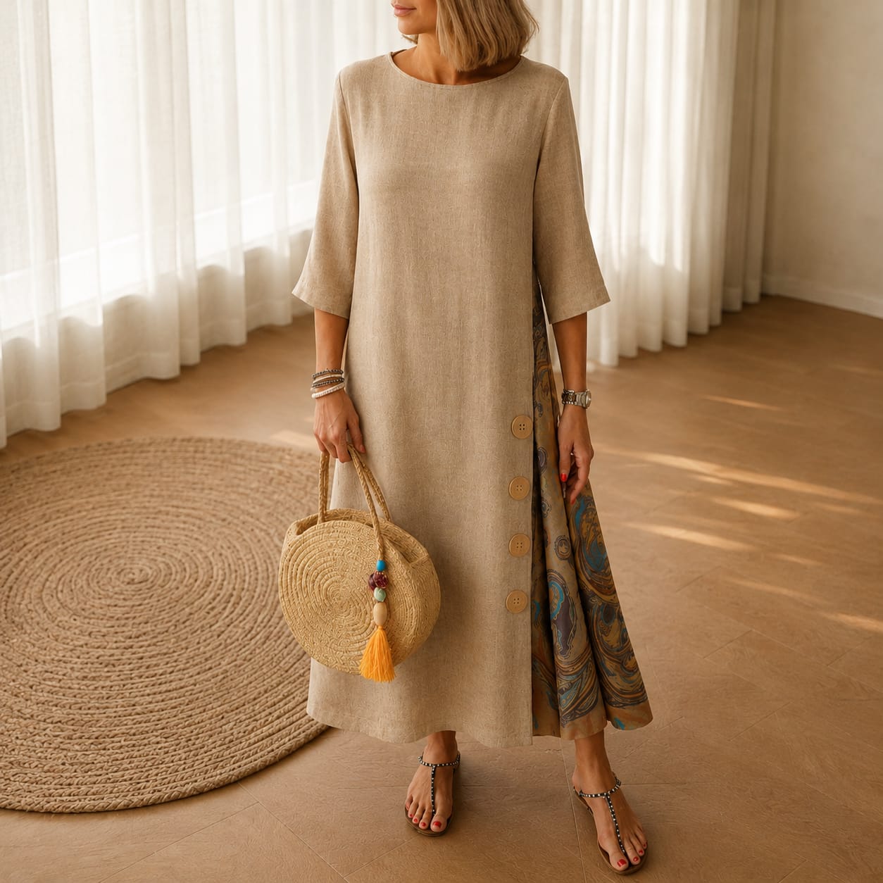 Vestido SANDRA de algodón bohemio, elegante, con botones decorativos, cómodo y fresco.