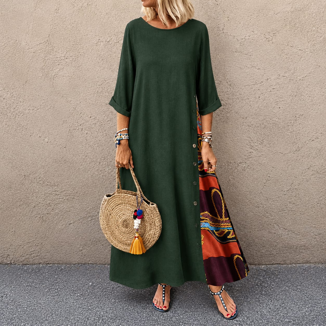 Vestido SANDRA de algodón bohemio, elegante, con botones decorativos, cómodo y fresco.