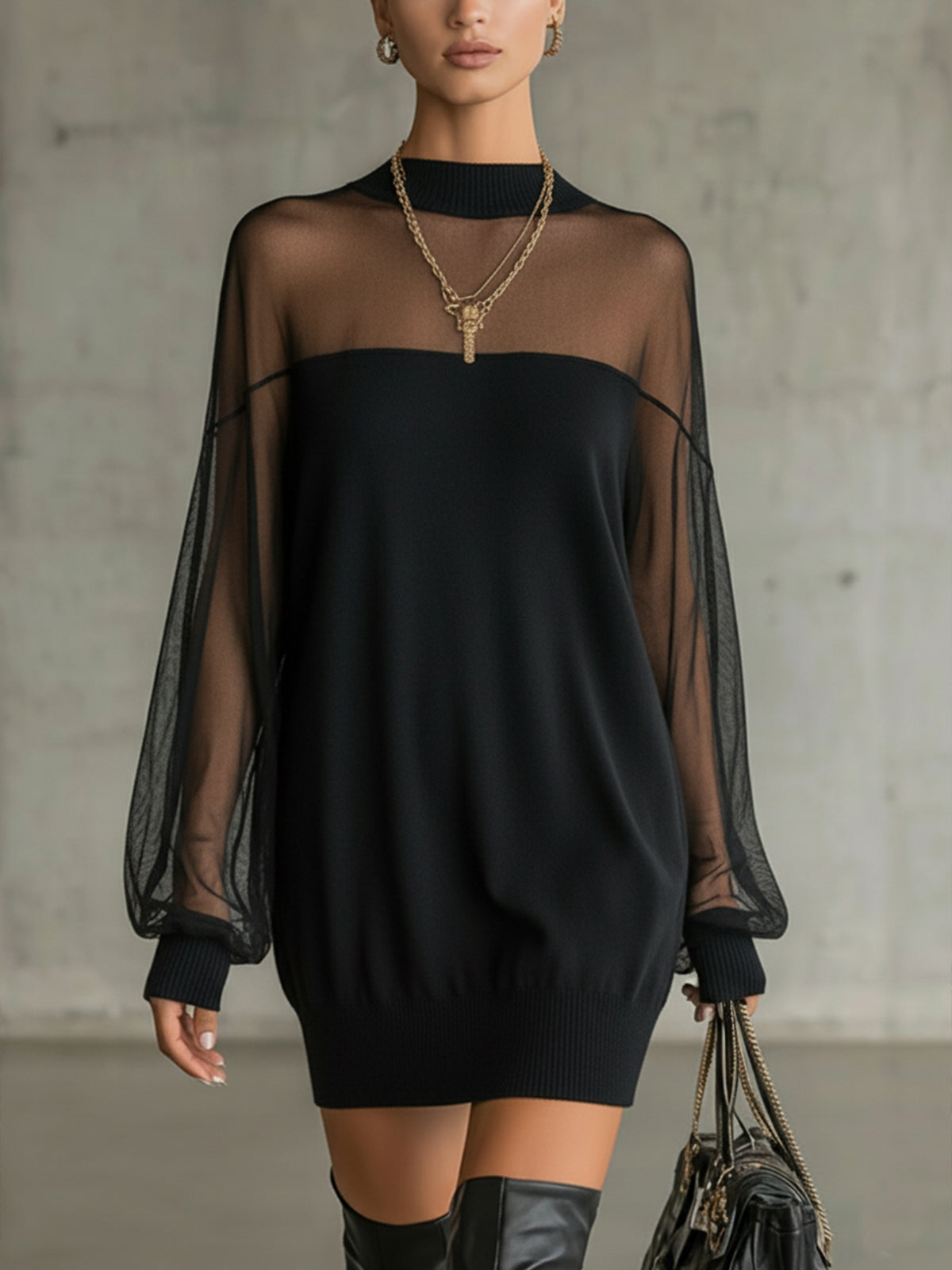 AMÉLIE™ | Elegante minivestido negro con mangas de malla