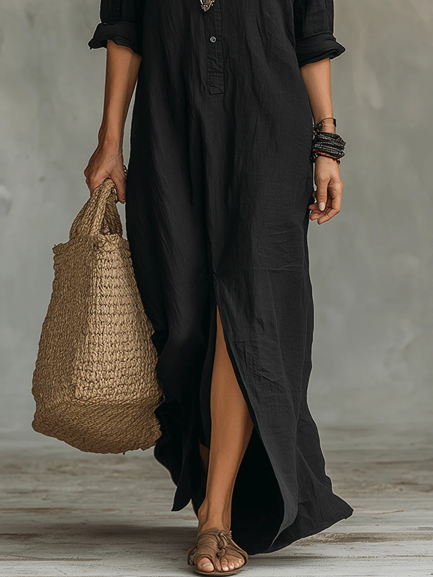 SONIA™ | Vestido largo maxi negro con botones